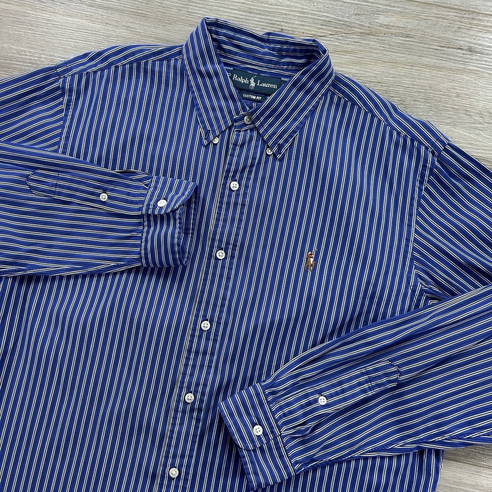 Ralph Lauren XL Custom Fit Blue Striped Flesh Pony Button Down Shirt Preppy